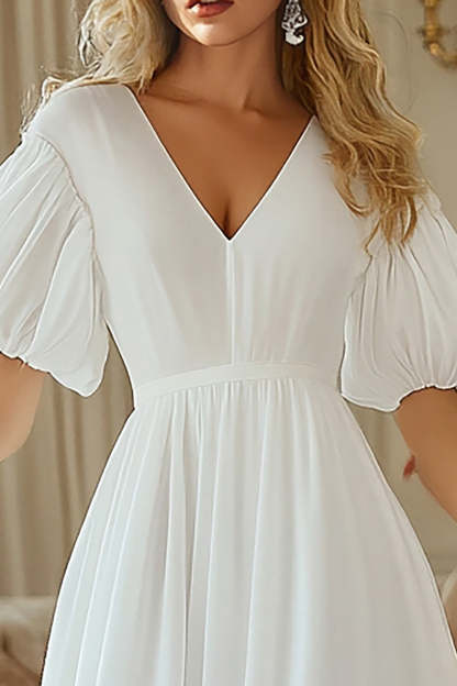 Ivory Chiffon Puff Sleeves A Line Midi Engagement Dress