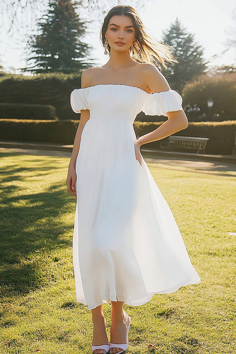 Chiffon A Line Ivory Off the Shoulder Maxi Engagement Dress