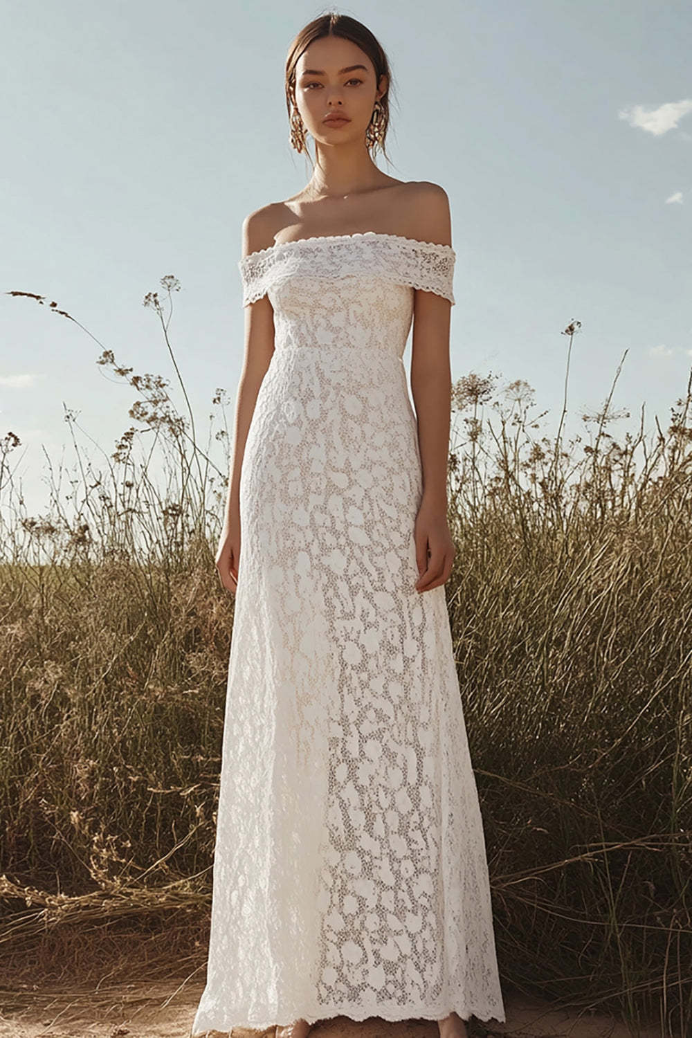 Leely Women Ivory Lace Sheath Maxi Rehearsal Dinner Dress Off the Shoulder Elegant Wedding Reception Dress