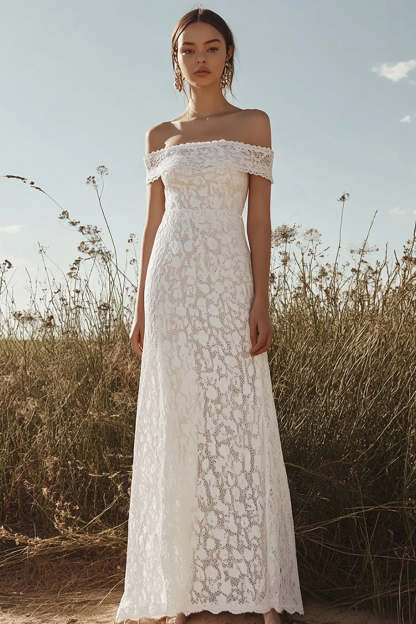 Leely Women Ivory Lace Sheath Maxi Rehearsal Dinner Dress Off the Shoulder Elegant Wedding Reception Dress