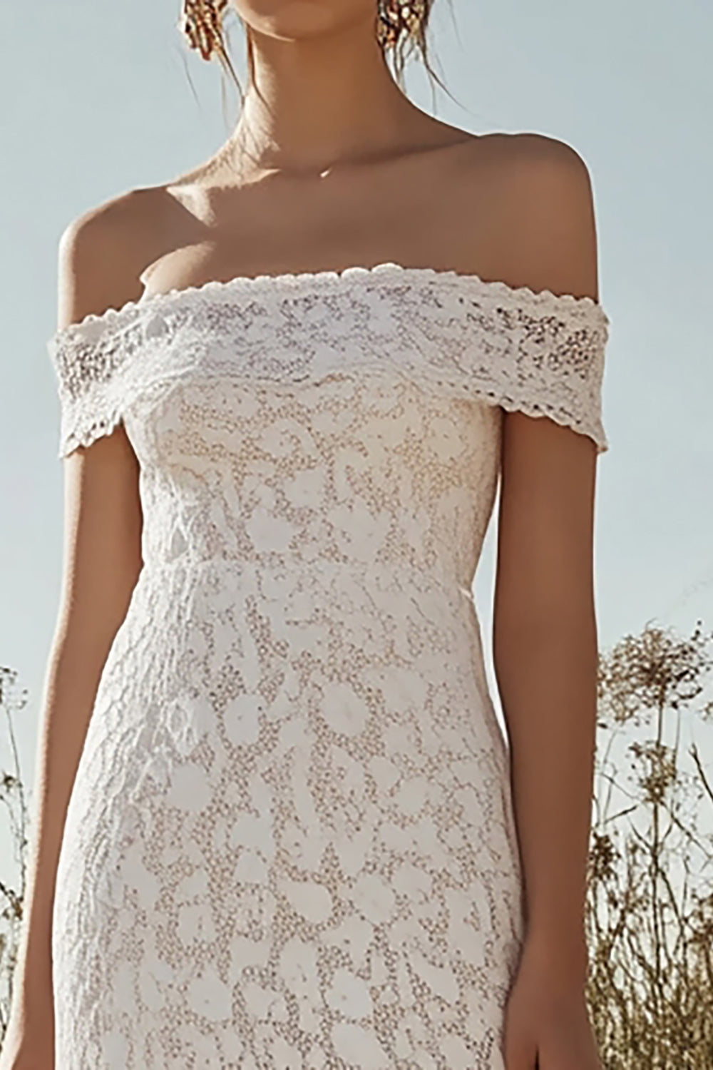 Sheath Ivory Lace Off the Shoulder Maxi Rehearsal Dinner Dress