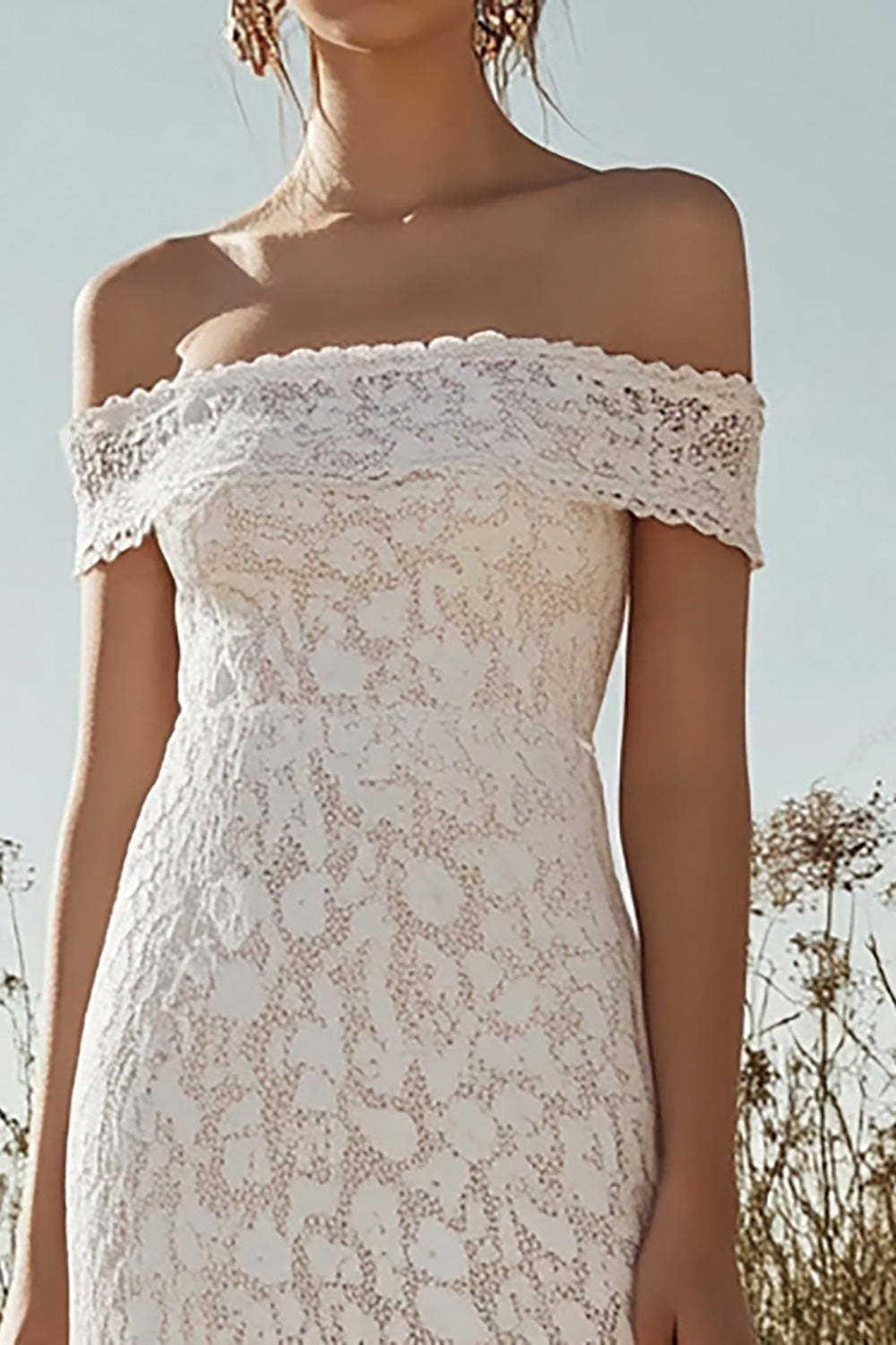 Sheath Ivory Lace Off the Shoulder Maxi Rehearsal Dinner Dress