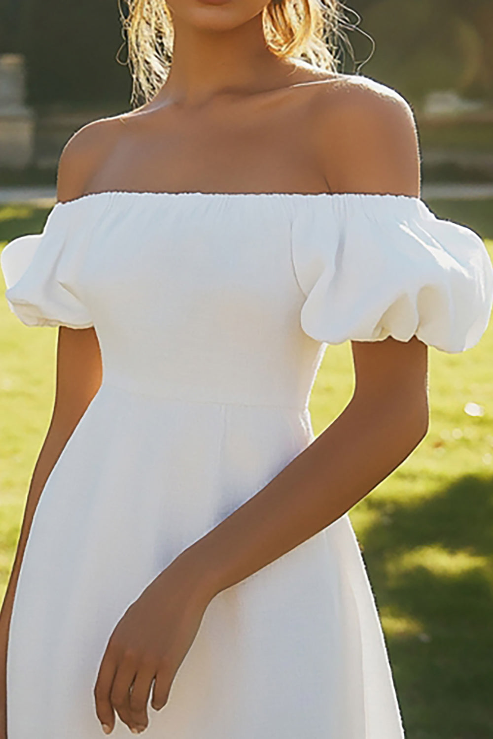 A Line Ivory Puff Sleeves Maxi Satin Rehearsal Dinner Dress with Slit