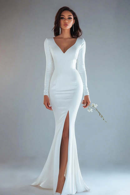Leely Women Ivory Satin Mermaid Maxi Rehearsal Dinner Dress with Slit Long Sleeves V-Neck Wedding Reception Dress