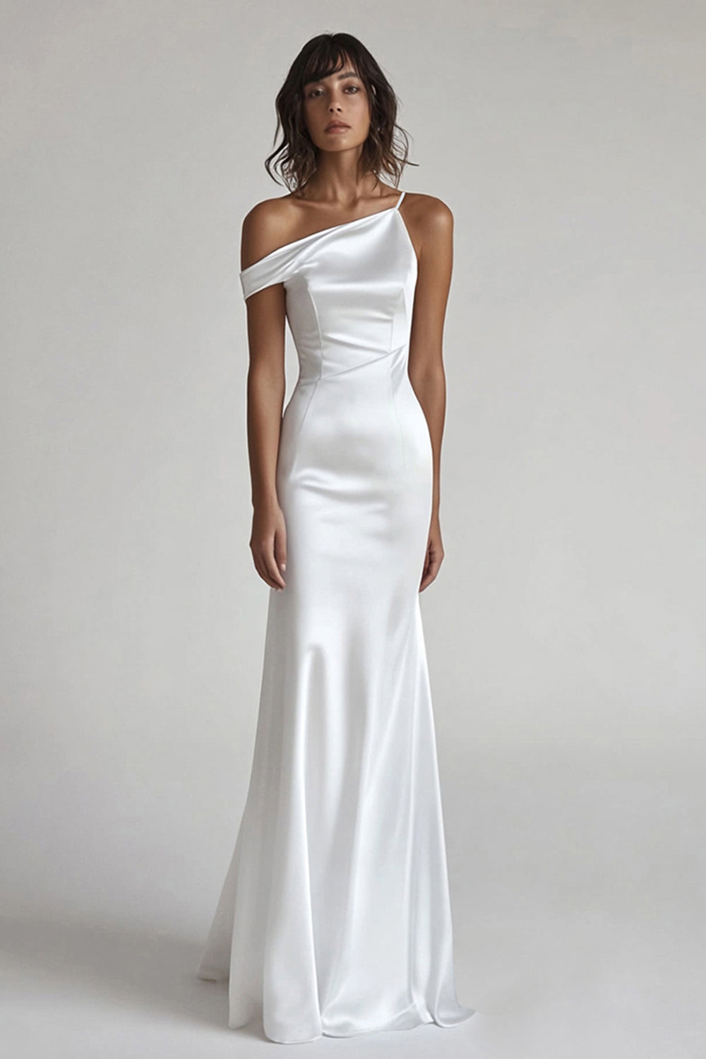 Leely Women Ivory Maxi Mermaid Rehearsal Dinner Dress Satin One Shoulder Wedding Reception Dress
