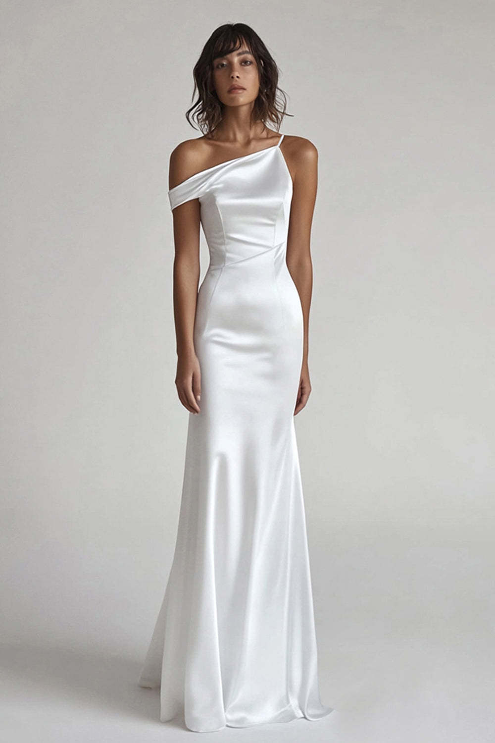 Leely Women Ivory Maxi Mermaid Rehearsal Dinner Dress Satin One Shoulder Wedding Reception Dress