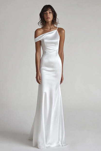 Leely Women Ivory Maxi Mermaid Rehearsal Dinner Dress Satin One Shoulder Wedding Reception Dress