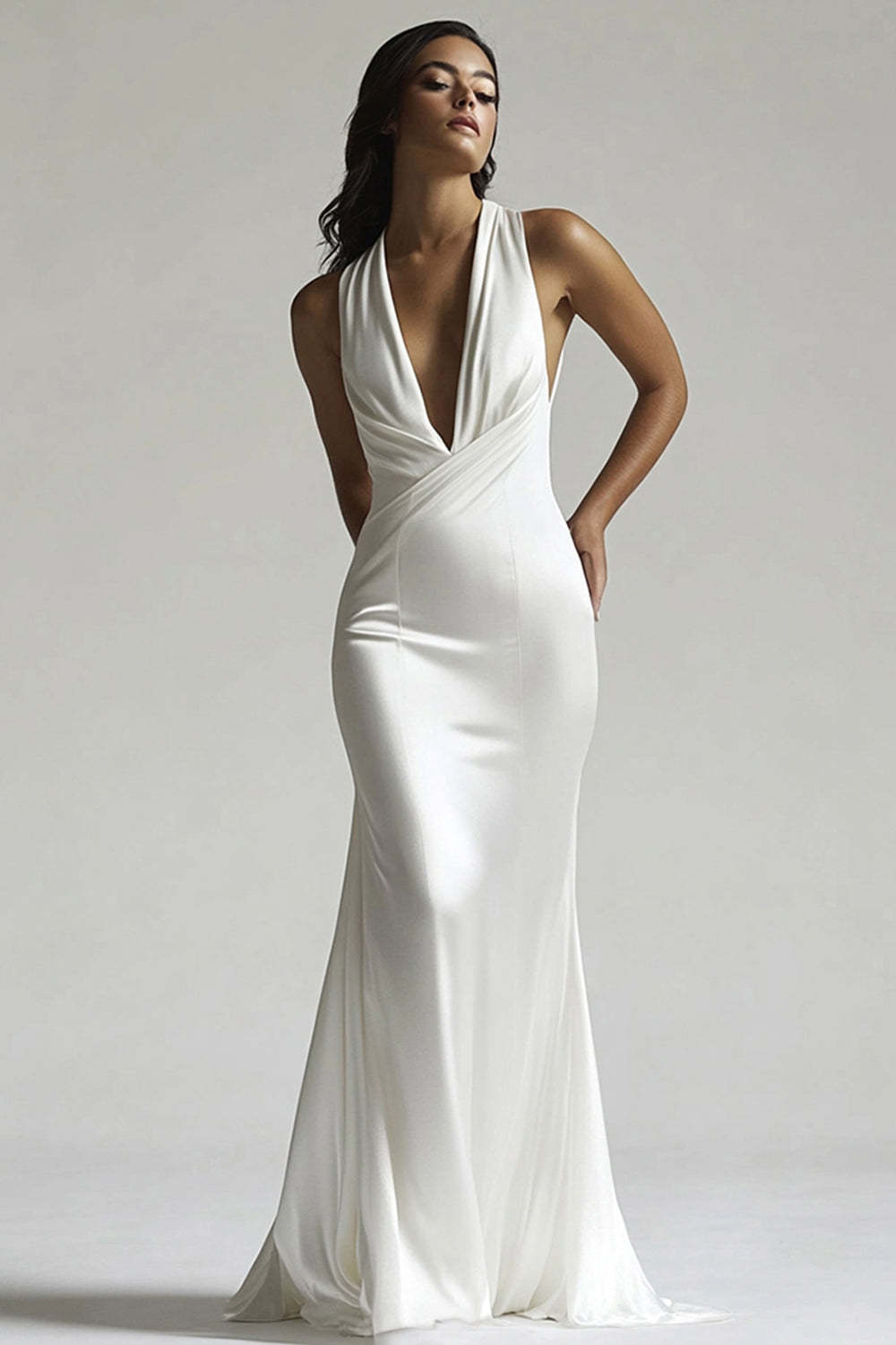 Leely Women Ivory Satin Maxi Mermaid Rehearsal Dinner Dress Deep V-Neck Sleeveless Wedding Reception Dress