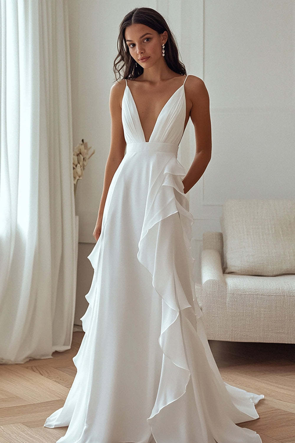 Leely Women Ivory Chiffon A Line Maxi Rehearsal Dinner Dress with Ruffles Deep V-Neck Sleeveless Ruched Wedding Reception Dress