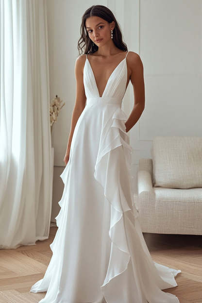 Leely Women Ivory Chiffon A Line Maxi Rehearsal Dinner Dress with Ruffles Deep V-Neck Sleeveless Ruched Wedding Reception Dress