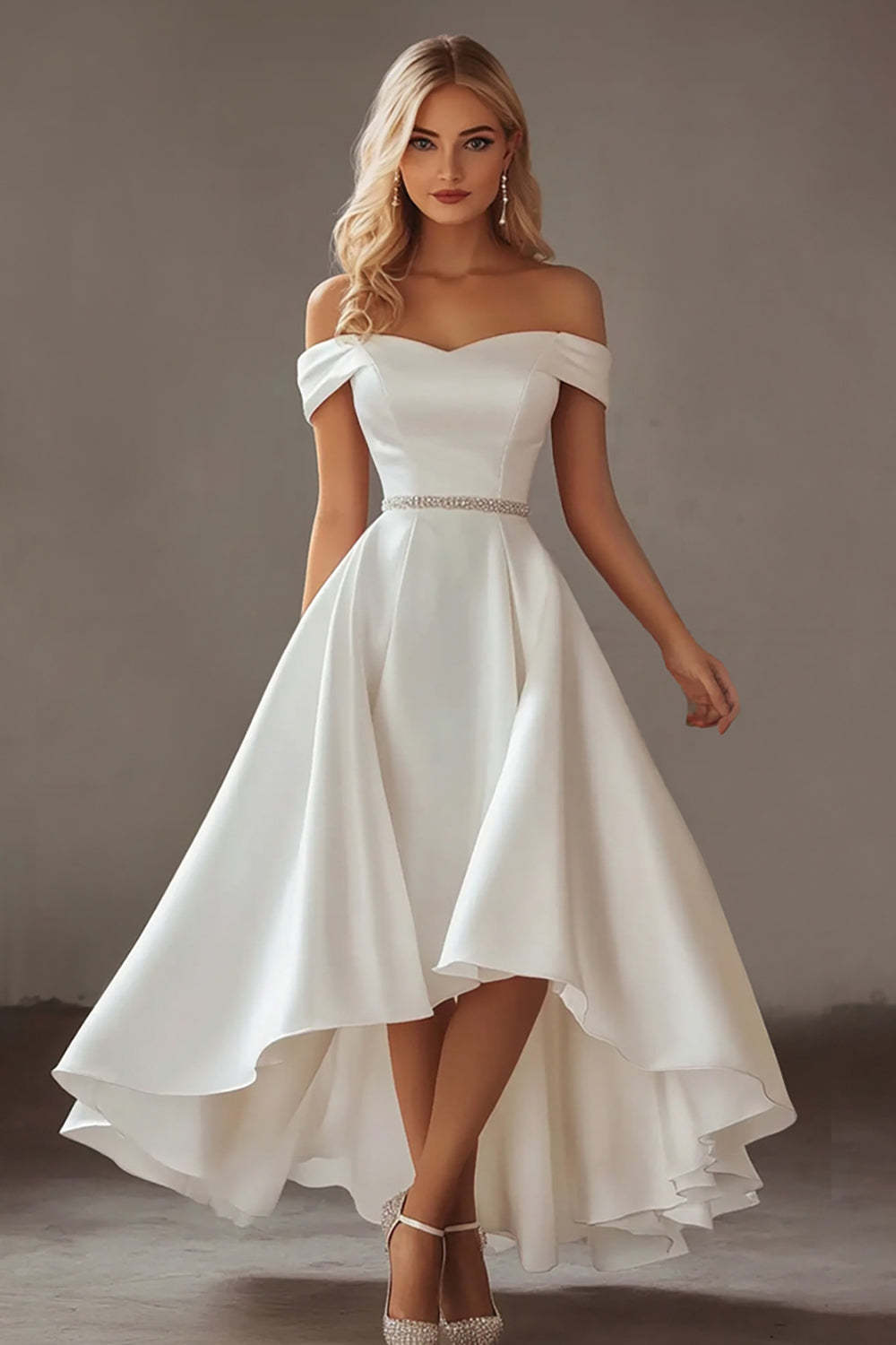Leely Women Ivory Satin A Line Engagement Dress with Rhinestones High-Low Off the Shoulder Bridal Shower Dress