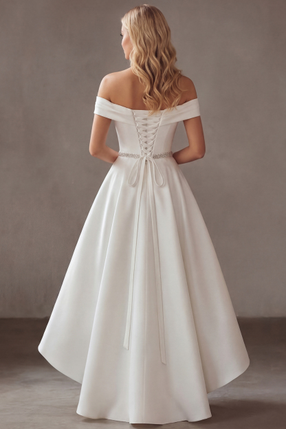 Ivory Off the Shoulder High-Low A Line Engagement Dress