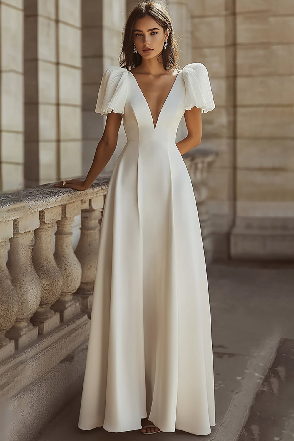 Simple Ivory A Line V-Neck Maxi Rehearsal Dinner Dress with Sleeves