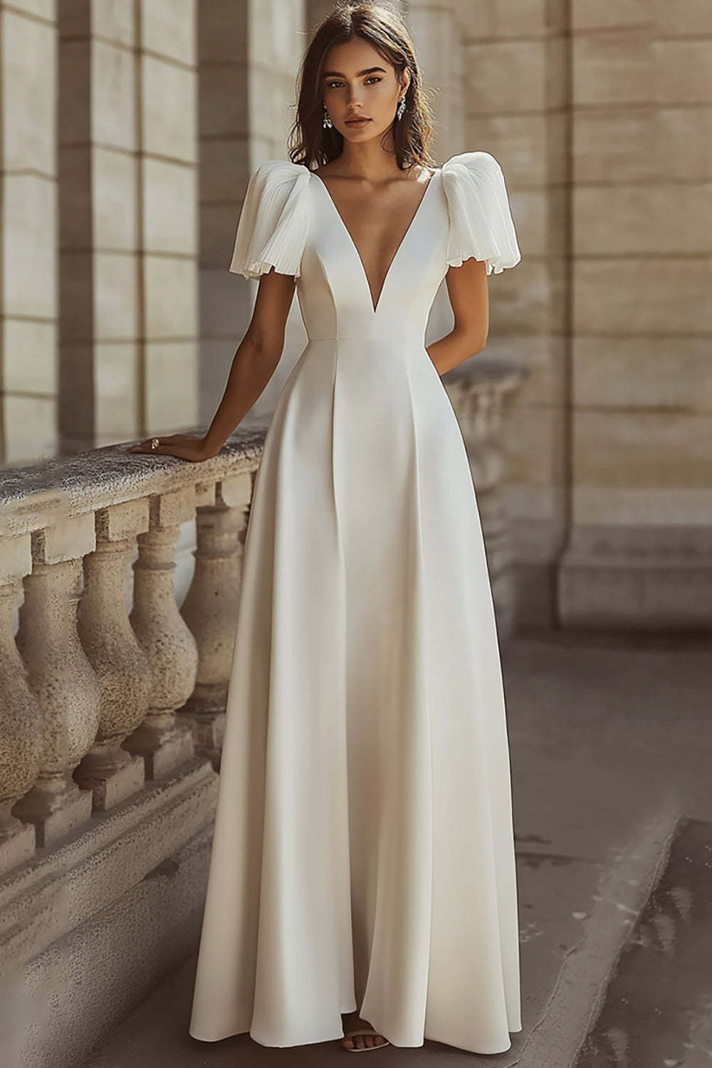 Leely Women Simple Ivory Satin Maxi A Line Rehearsal Dinner Dress Deep V-Neck Short Sleeves Engagement Dress