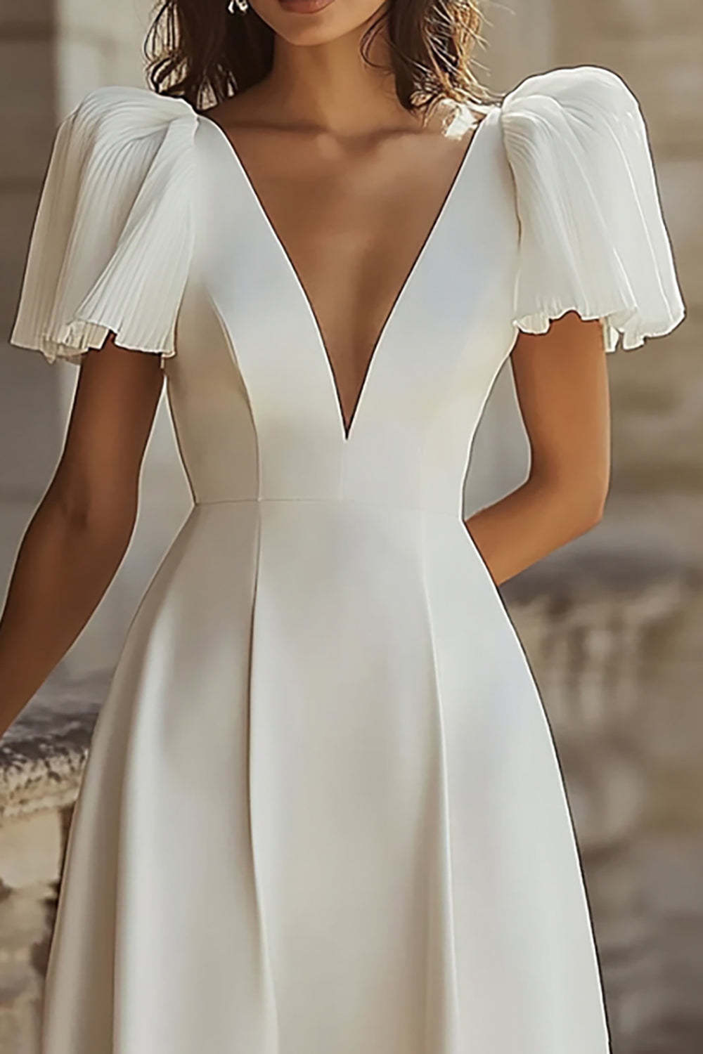 Simple Ivory A Line V-Neck Maxi Rehearsal Dinner Dress with Sleeves