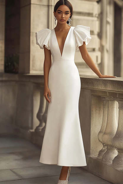 Leely Women Ivory Satin Maxi Ruffled Wedding Reception Dress with Sleeves V-Neck Mermaid Engagement Dress