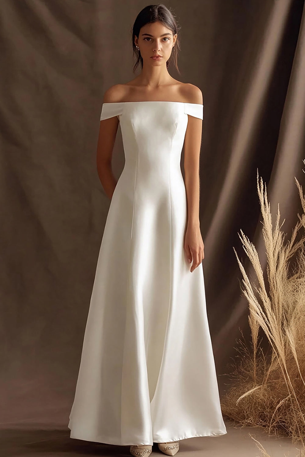 Leely Women Elegant Ivory Maxi Rehearsal Dinner Dress Satin Off the Shoulder A Line Engagement Dress