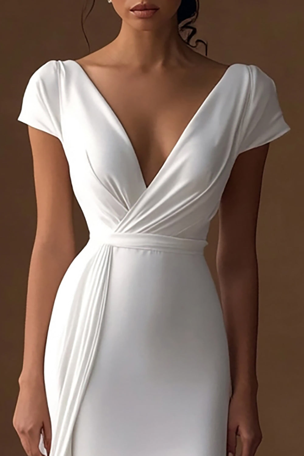 Ivory V-Neck Mermaid Maxi Rehearsal Dinner Dress with Sleeves