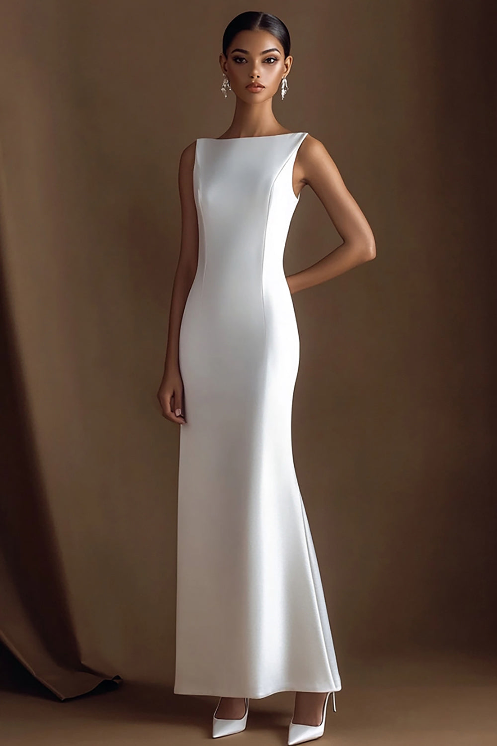 Mermaid Ivory Bateau Satin Maxi Rehearsal Dinner Dress