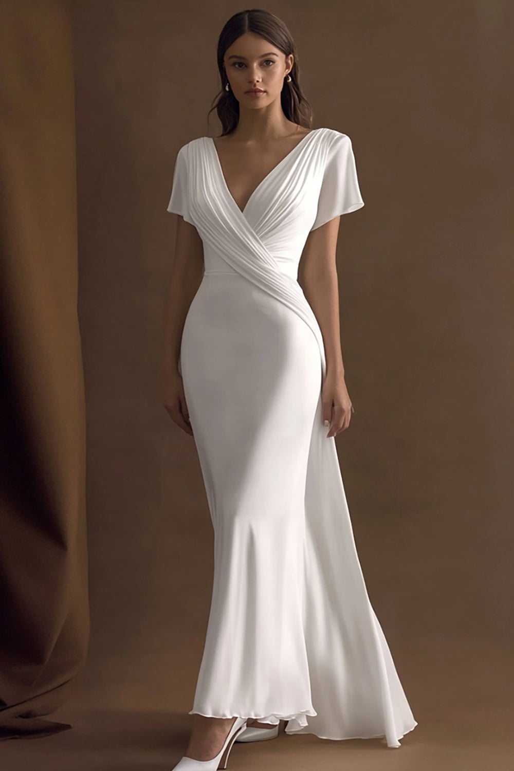 Leely Women Ivory Maxi Rehearsal Dinner Dress with Sleeves Mermaid Ruched V-Neck Wedding Reception Dress