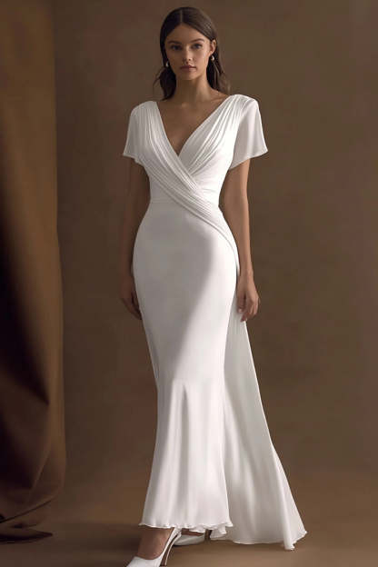 Leely Women Ivory Maxi Rehearsal Dinner Dress with Sleeves Mermaid Ruched V-Neck Wedding Reception Dress