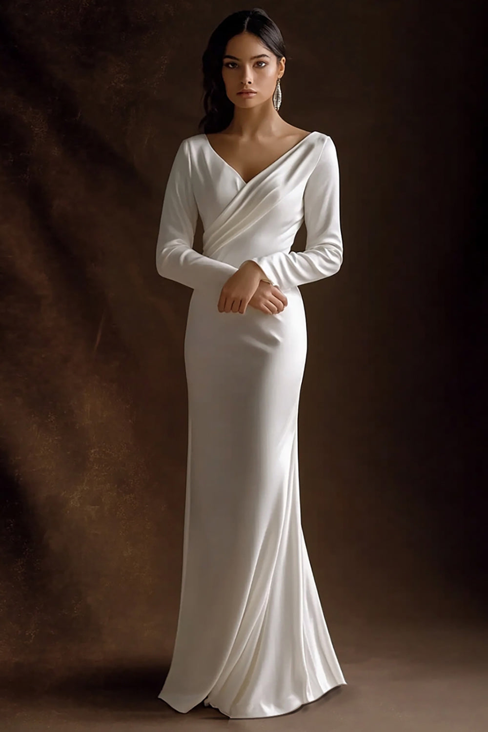 Maxi Simple Ivory Satin V-Neck Rehearsal Dinner Dress with Sleeves