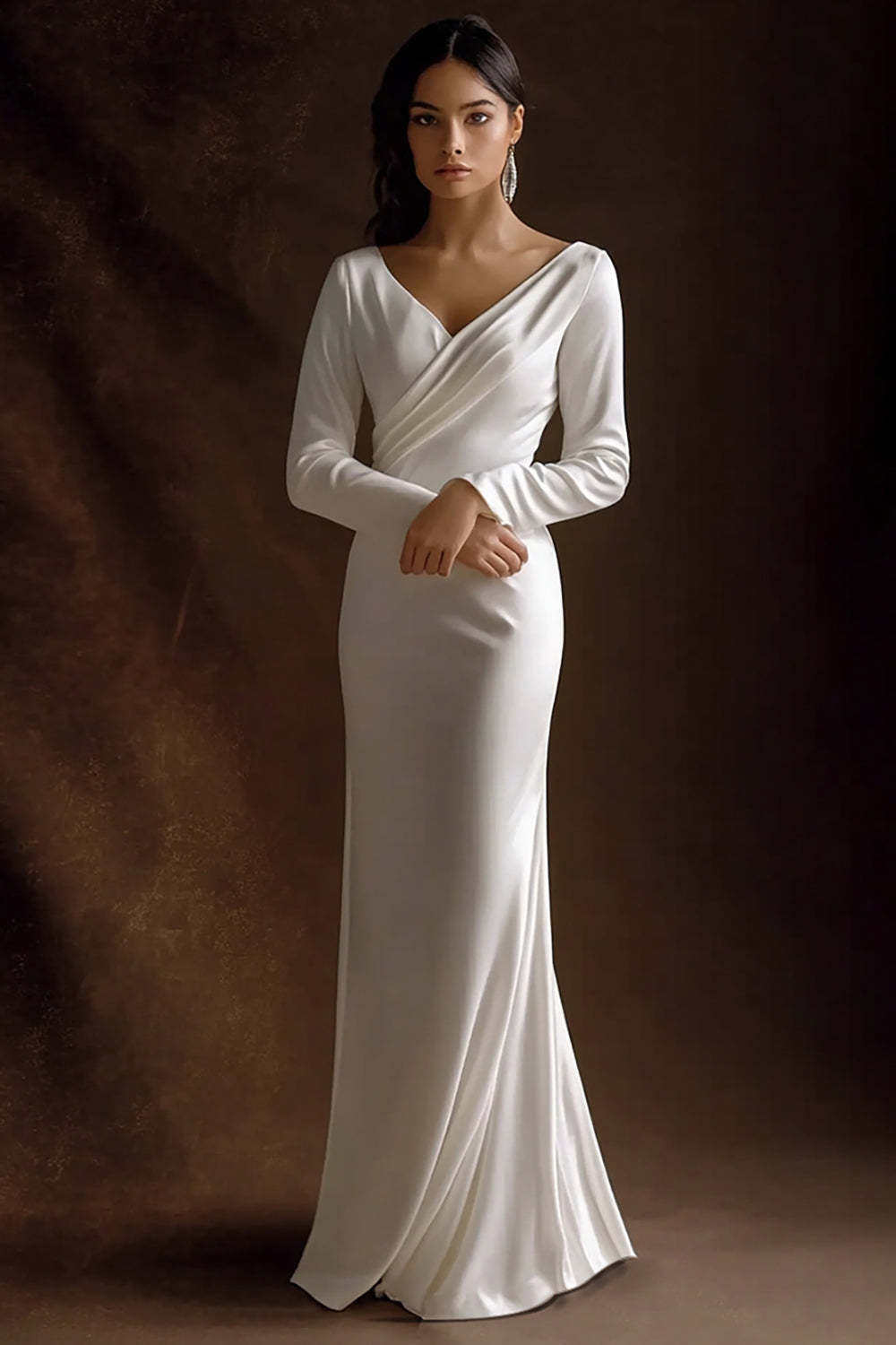 Leely Women Simple Ivory Maxi Satin Rehearsal Dinner Dress with Sleeves V-Neck Wedding Reception Dress