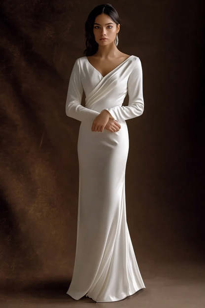Leely Women Simple Ivory Maxi Satin Rehearsal Dinner Dress with Sleeves V-Neck Wedding Reception Dress