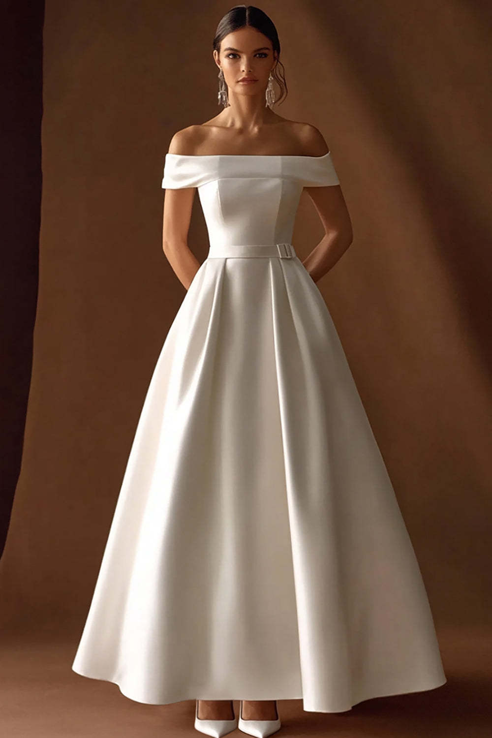 Leely Women Maxi Simple Ivory Satin Wedding Reception Dress Belts A Line Off the Shoulder Rehearsal Dinner Dress