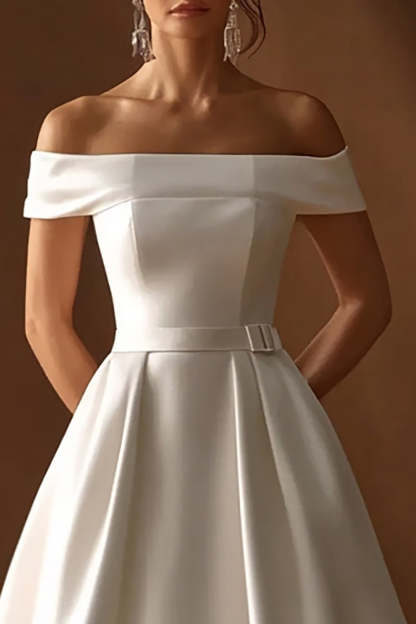 Maxi Simple Ivory Satin A Line Wedding Reception Dress with Belts