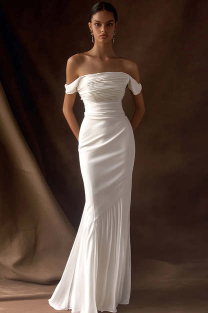 Leely Women Simple Ivory Maxi Wedding Reception Dress Off the Shoulder Ruched Mermaid Rehearsal Dinner Dress