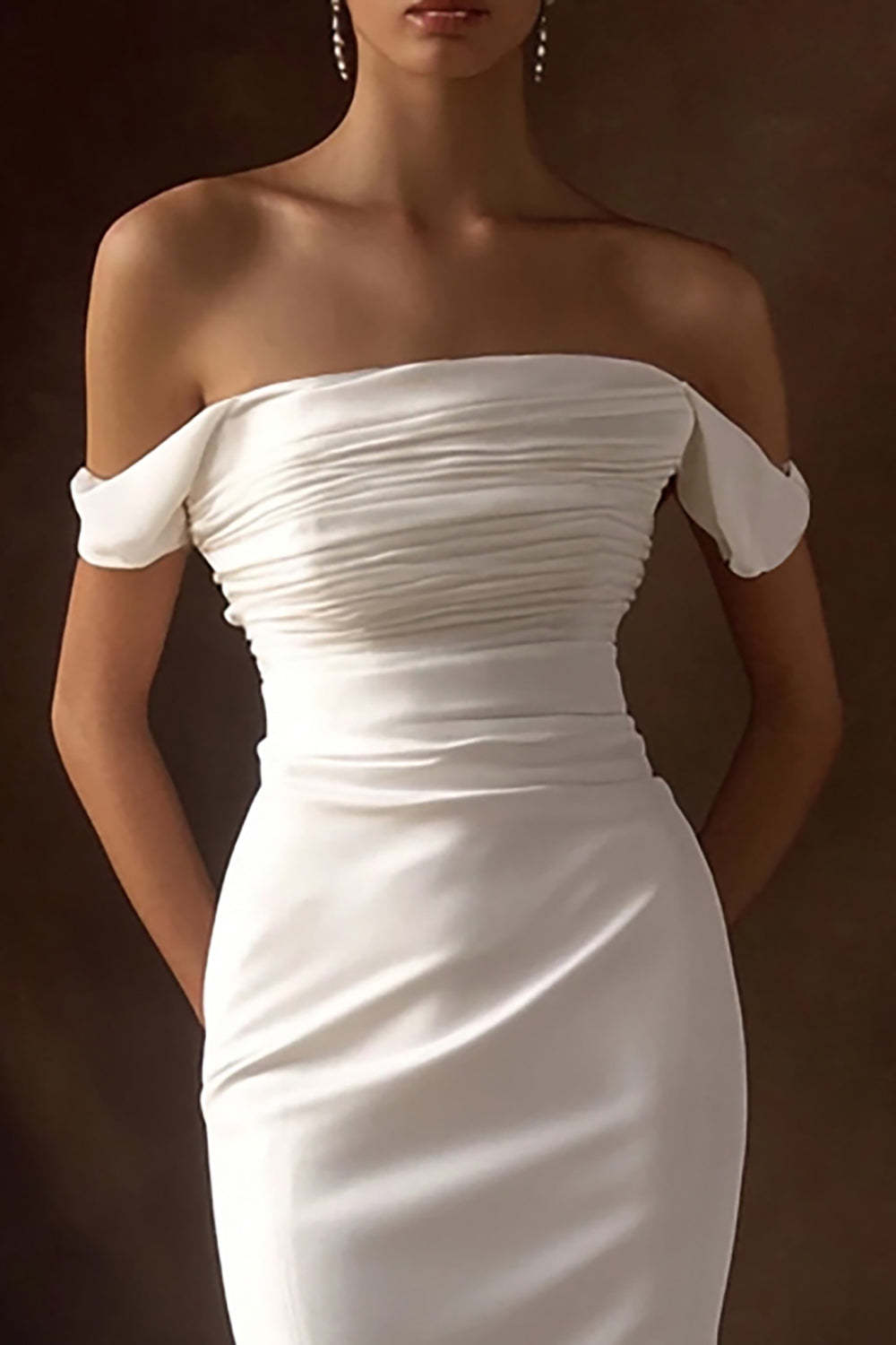 Simple Ivory Off the Shoulder Ruched Maxi Wedding Reception Dress