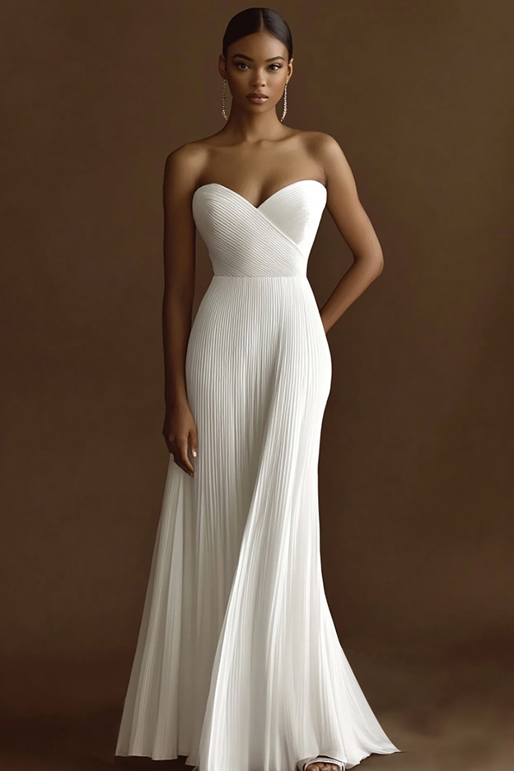 Leely Women Ivory Maxi Chiffon Wedding Reception Dress Pleated Sweetheart Rehearsal Dinner Dress