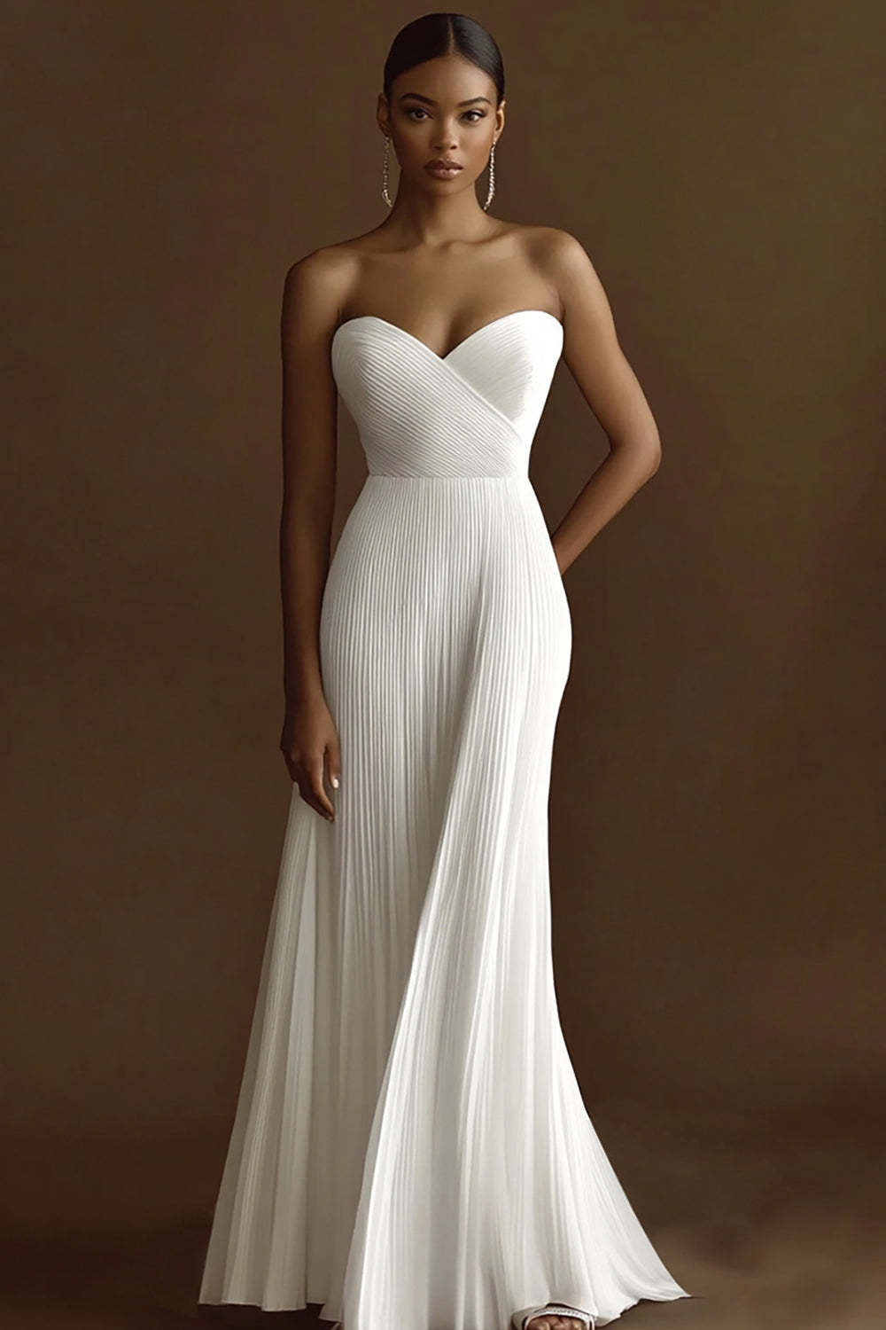 Leely Women Ivory Maxi Chiffon Wedding Reception Dress Pleated Sweetheart Rehearsal Dinner Dress