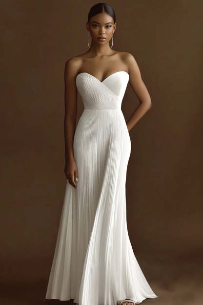 Leely Women Ivory Maxi Chiffon Wedding Reception Dress Pleated Sweetheart Rehearsal Dinner Dress