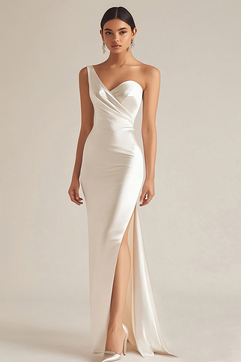 Satin Mermaid Ivory One Shoulder Maxi Wedding Reception Dress with Slit