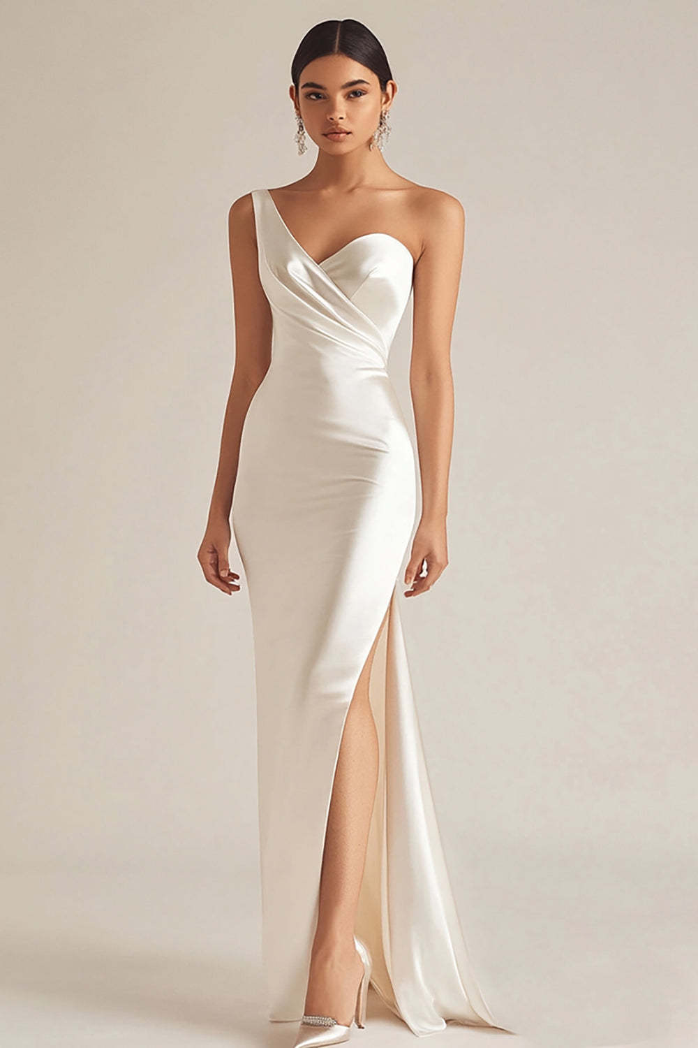 Leely Women Satin Ivory Mermaid Wedding Reception Dress with Slit One Shoulder Maxi Rehearsal Dinner Dress
