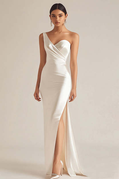 Leely Women Satin Ivory Mermaid Wedding Reception Dress with Slit One Shoulder Maxi Rehearsal Dinner Dress