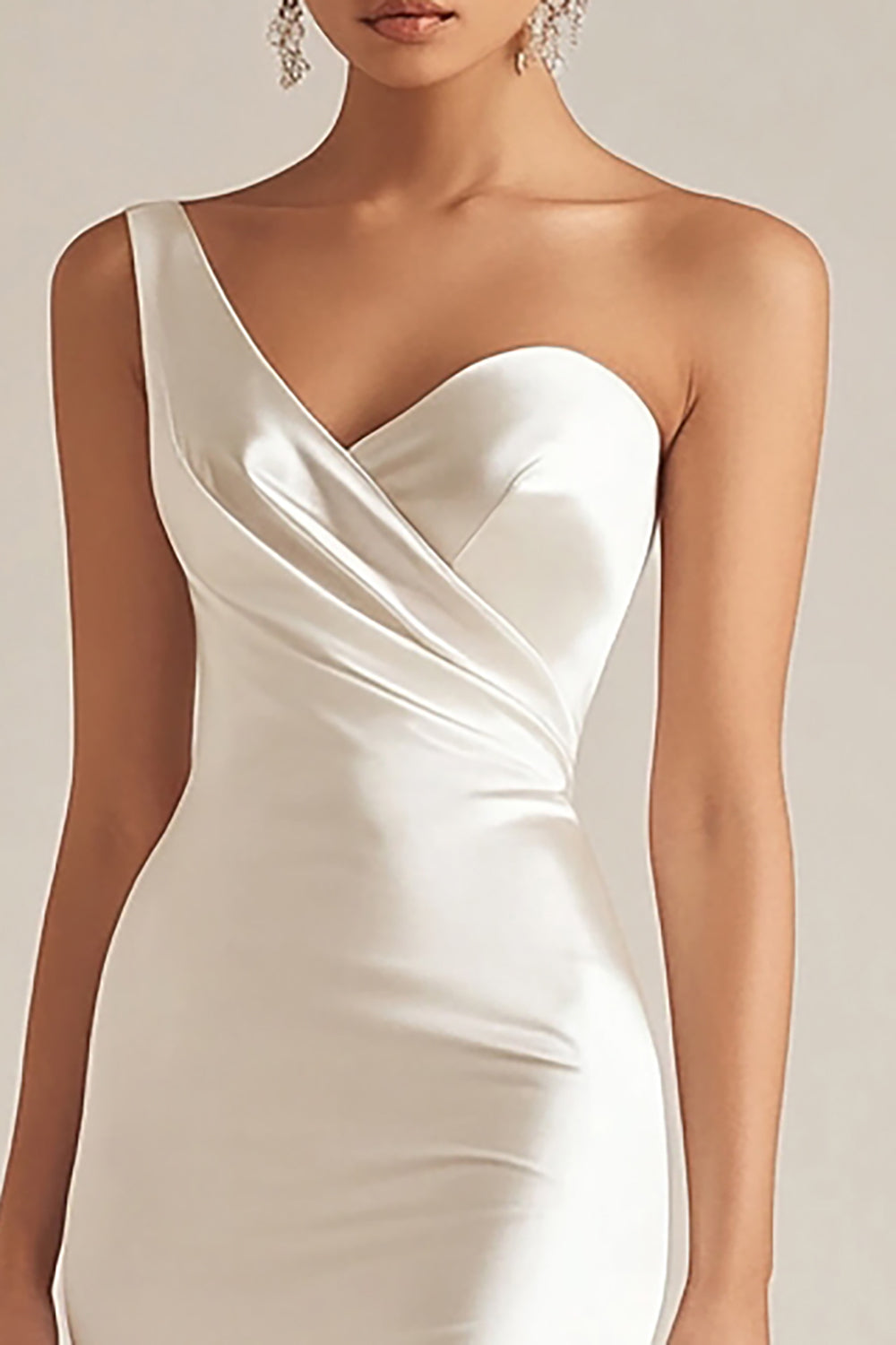 Satin Mermaid Ivory One Shoulder Maxi Wedding Reception Dress with Slit