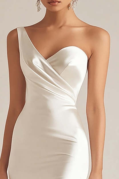 Satin Mermaid Ivory One Shoulder Maxi Wedding Reception Dress with Slit