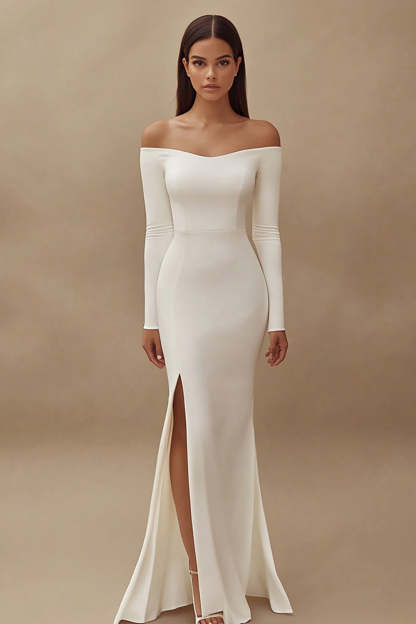 Leely Women Satin Ivory Maxi Mermaid Wedding Reception Dress with Slit Off the Shoulder Long Sleeves Rehearsal Dinner Dress