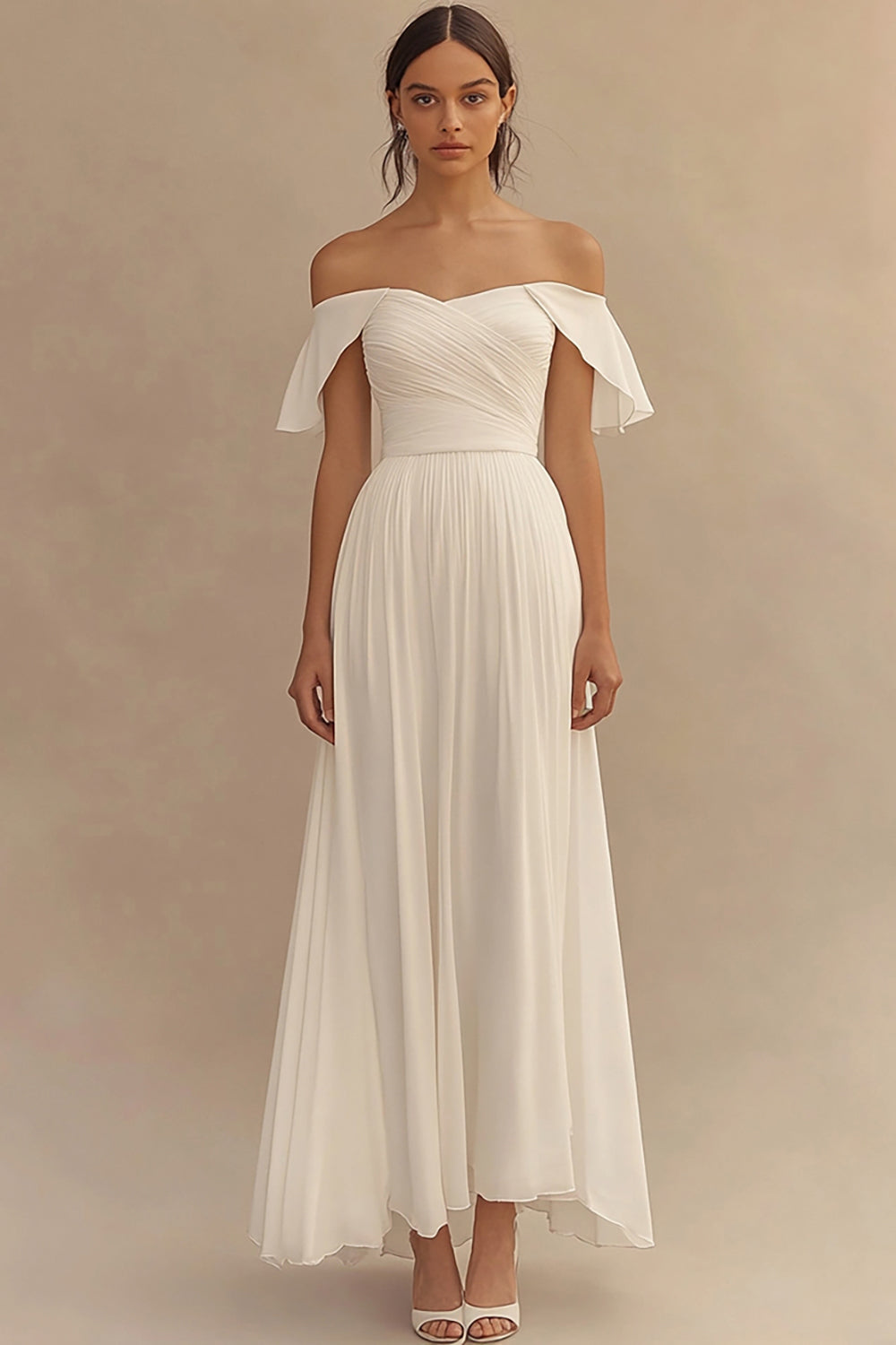 Leely Women Ivory Chiffon A Line Wedding Reception Dress Off the Shoulder Maxi Engagement Dress