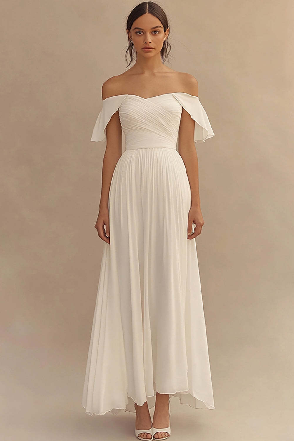 Leely Women Ivory Chiffon A Line Wedding Reception Dress Off the Shoulder Maxi Engagement Dress