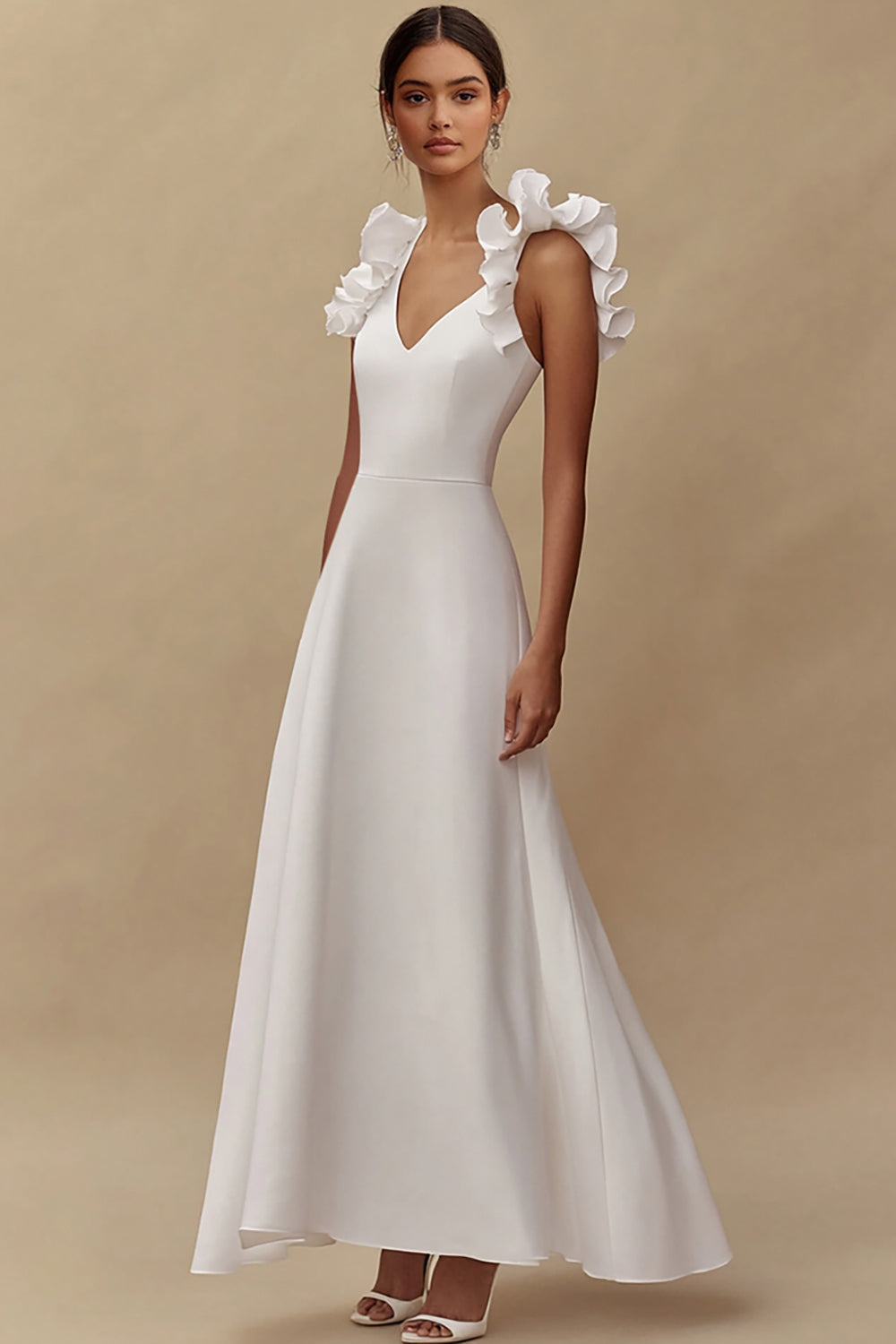 Leely Women Ivory Ruffled Maxi Wedding Reception Dress A Line Satin V-Neck Engagement Dress