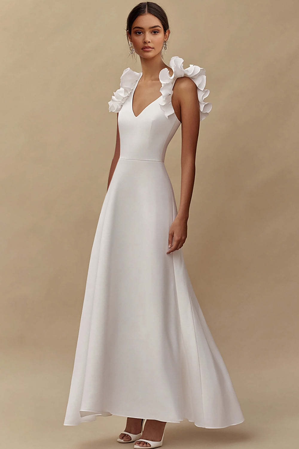 Leely Women Ivory Ruffled Maxi Wedding Reception Dress A Line Satin V-Neck Engagement Dress