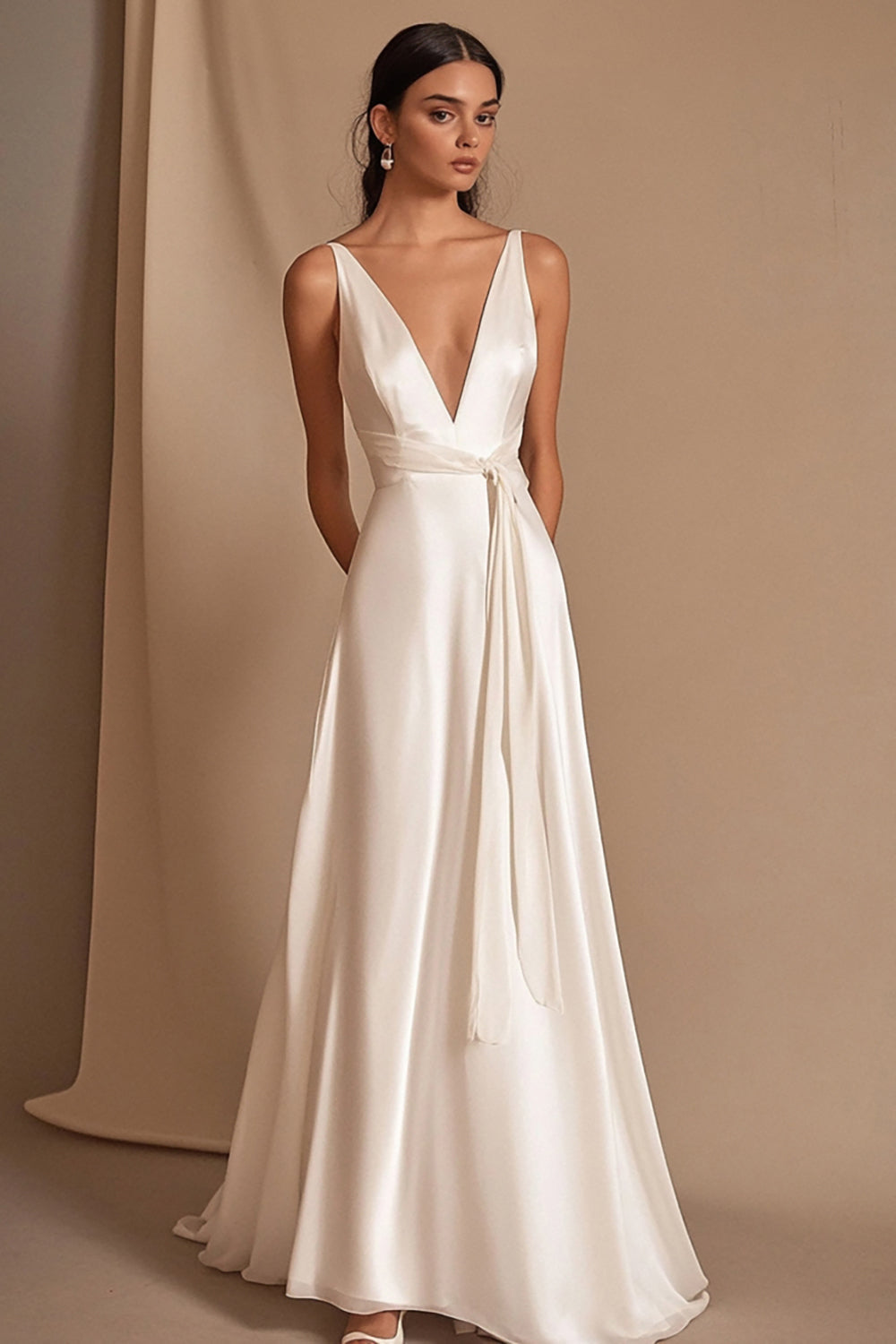 Satin Ivory A Line V-Neck Maxi Rehearsal Dinner Dress with Sash