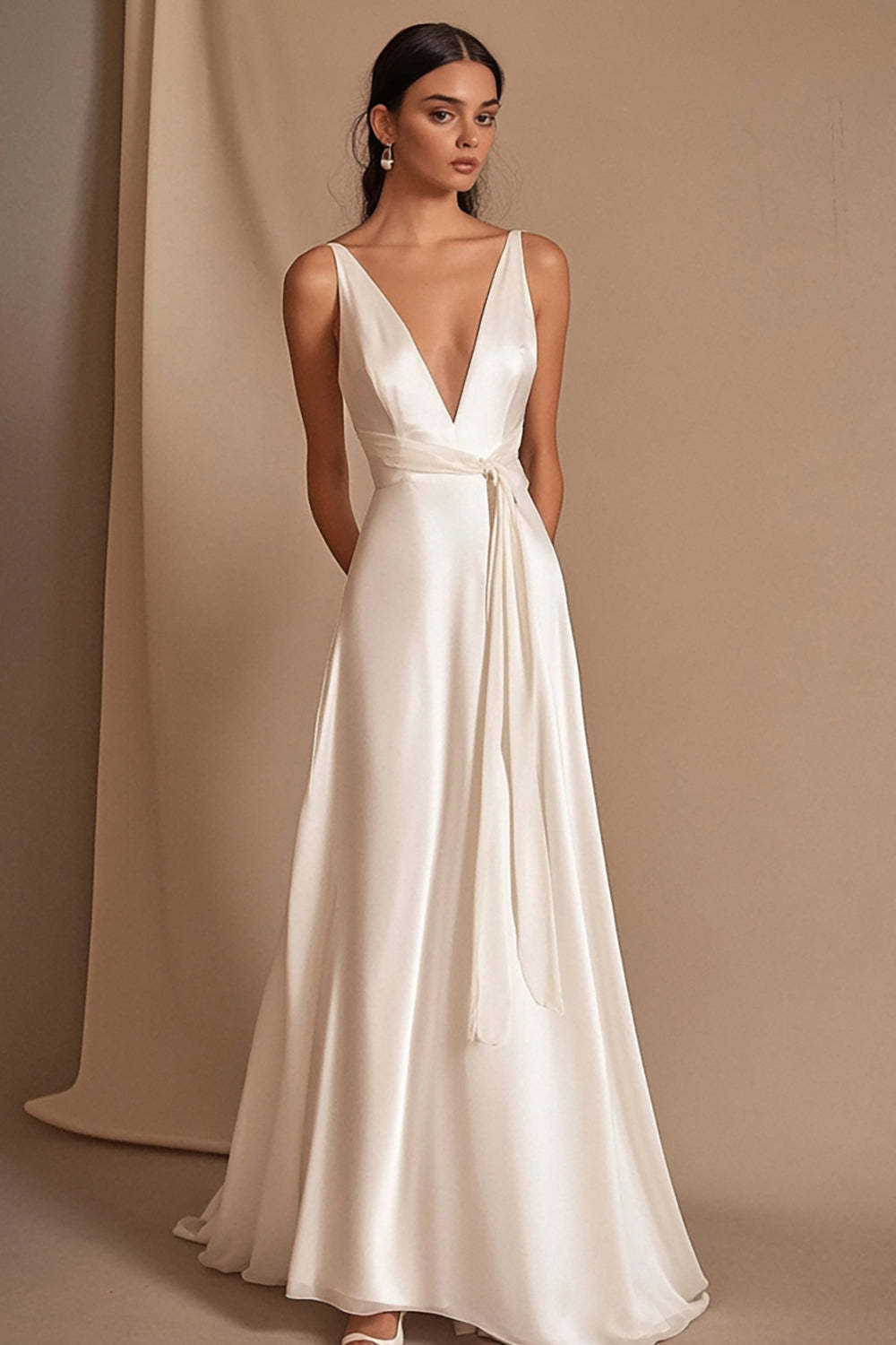 Leely Women Ivory Satin Maxi Rehearsal Dinner Dress with Sash A Line Deep V-Neck Sleeveless Engagement Dress