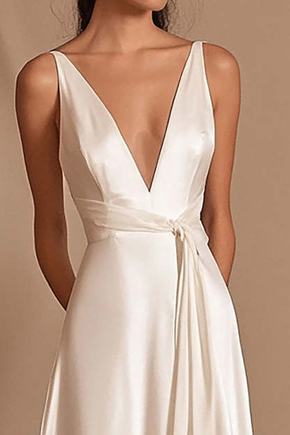 Satin Ivory A Line V-Neck Maxi Rehearsal Dinner Dress with Sash