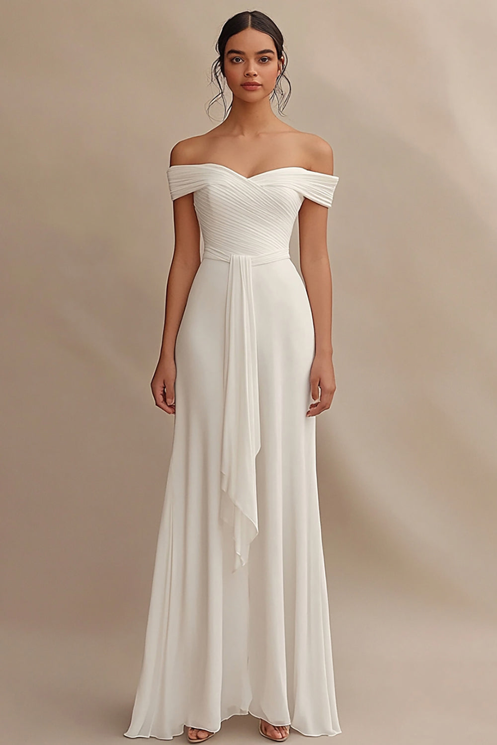 Leely Women Ivory Chiffon Maxi Rehearsal Dinner Dress Sash Sheath Off the Shoulder Engagement Dress