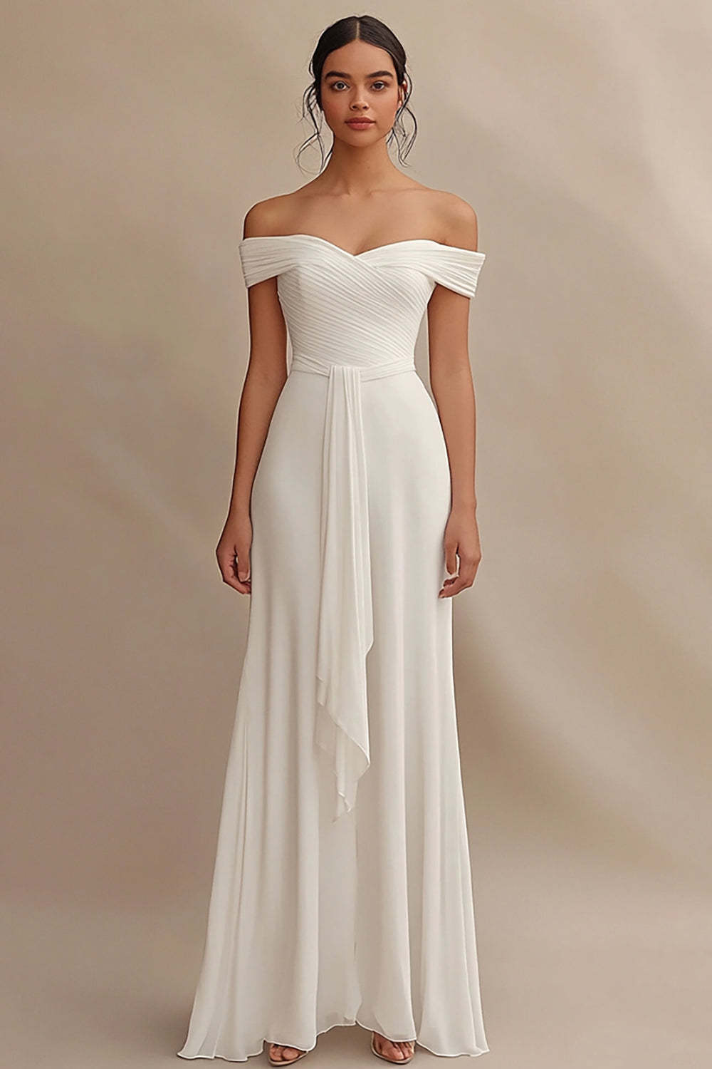 Leely Women Ivory Chiffon Maxi Rehearsal Dinner Dress Sash Sheath Off the Shoulder Engagement Dress